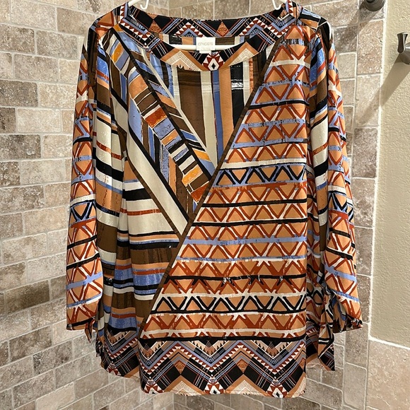 Chico’s Aztec Tribal Print Long Sleeve Pullover Blouse Size 2 (Large) - Picture 1 of 9